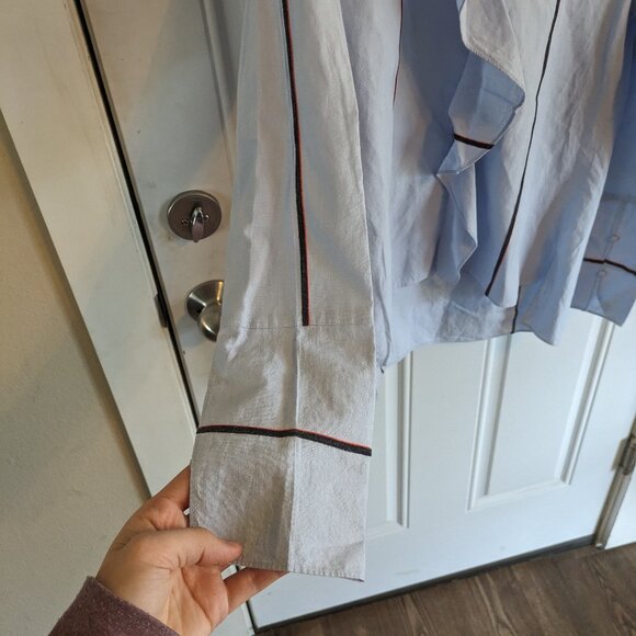 Derek Lam 10 Crosby Light Blue Striped Blouse Asymmetric Keyhole Ruffle Size 4 - Picture 3 of 11